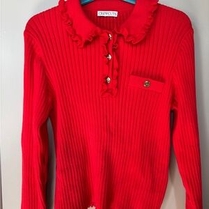 Crewcuts Girls red knit shirt long sleeve Ruffled collar three-button size 7